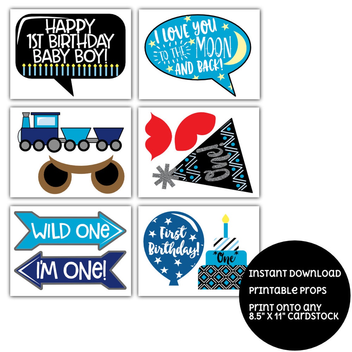Boy's 1st Birthday Photo Booth Props 31 Printable Props | Etsy