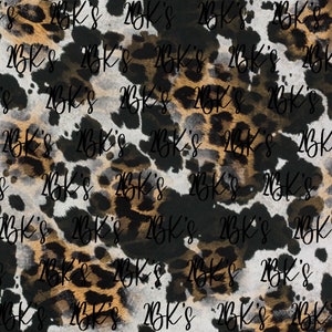 May include: A seamless pattern featuring a leopard print design. The pattern includes spots in shades of black, brown, and tan, set against a white and gray background. The text "2BK's" is repeated across the image.