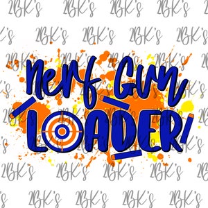 Puede incluir: Un gráfico azul y naranja con el texto "nerf gun loader" sobre un fondo blanco. El gráfico presenta un objetivo con anillos naranja y blanco y dardos azules.