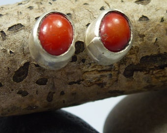 Stud earrings with a light red coral, fairtrade silver, handmade, truly unique, great gift idea.