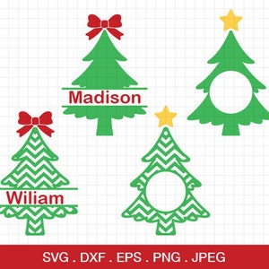 May include: Four Christmas tree SVG cut files. Two trees have a red bow and a name, "Madison" and "William". One tree has a yellow star and a circle for a monogram. The last tree has a chevron pattern and a circle for a monogram.