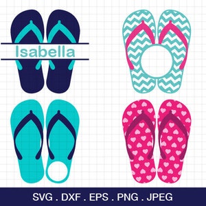 May include: Four pairs of flip-flops in different colors and patterns. The top pair is navy blue with turquoise straps and the text "Isabella". The second pair is turquoise with a chevron pattern. The third pair is turquoise with a solid color. The fourth pair is pink with a heart pattern.