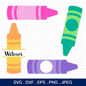 May include: Four crayon-shaped cutouts, two with blank circles, one with the name "William" and one with green and yellow stripes.