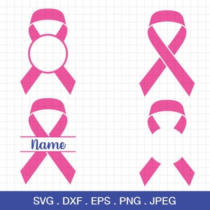 May include: A set of four pink ribbon designs. The first design is a pink ribbon with a circle in the center. The second design is a pink ribbon with the word "Name" in the center. The third design is a pink ribbon with a circle in the center. The fourth design is a pink ribbon with a circle in the center.