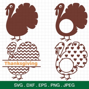 Puede incluir: Cuatro diseños diferentes de archivos de corte SVG de pavos de Acción de Gracias. Los pavos son marrones y tienen diferentes patrones en sus plumas, incluyendo chevron, corazones y un diseño sólido. Los pavos tienen un círculo en el medio de sus cuerpos para agregar texto o un monograma.
