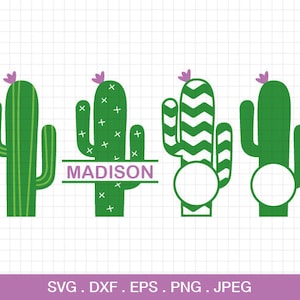 Könnte beinhalten: Vier verschiedene Kaktus-Designs mit einem anpassbaren Kreis zum Hinzufügen eines Namens oder Monogramms. Die Kakteen sind grün mit rosa Blüten und in verschiedenen Stilen, darunter ein einfacher Kaktus, ein Kaktus mit Chevron-Muster und ein Kaktus mit Kreuzschraffur. Der Text "MADISON" wird auf einem Banner über einem der Kakteen angezeigt.