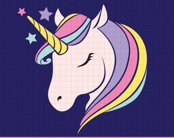 May include: A pink unicorn with a yellow horn and a rainbow mane. The unicorn has its eyes closed and is looking to the left. There are three yellow stars in the background.