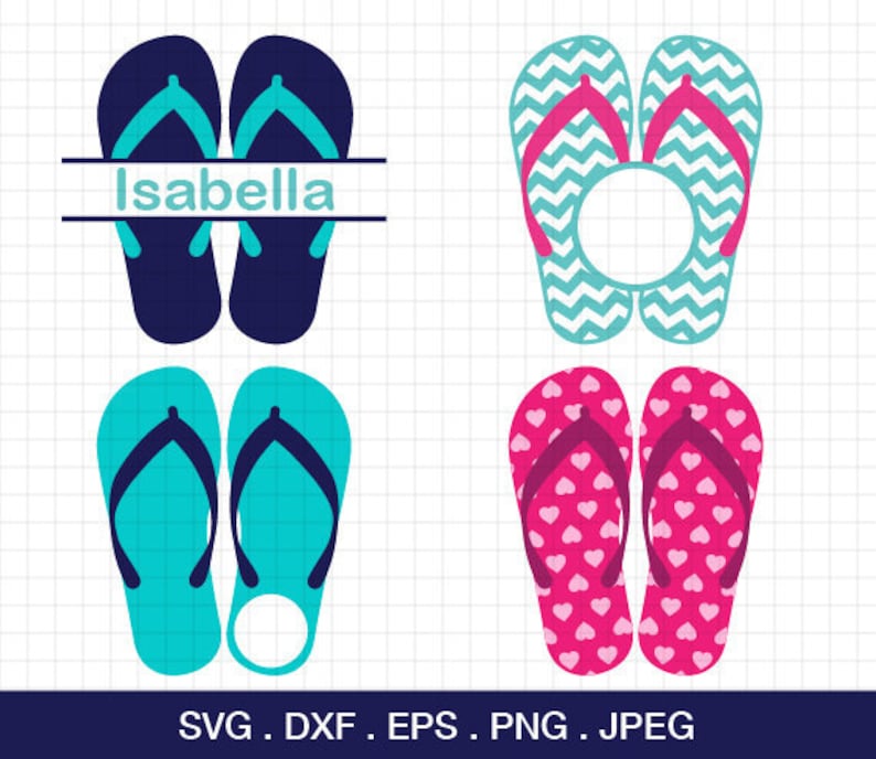 May include: Four pairs of flip-flops in different colors and patterns. The top pair is navy blue with turquoise straps and the text "Isabella". The second pair is turquoise with a chevron pattern. The third pair is turquoise with a solid color. The fourth pair is pink with a heart pattern.