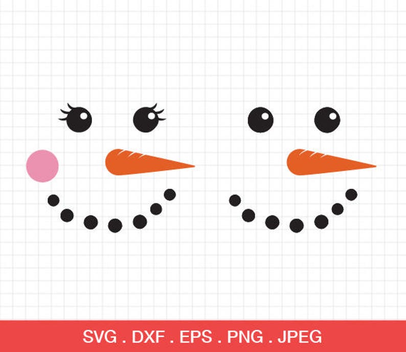 May include: Two black and white snowman faces with pink cheeks, black eyes, and black eyelashes. One snowman has a carrot nose and the other has a black dot nose. Both snowmen have a black dotted smile.