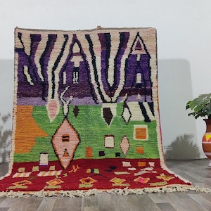 AMAZING MINIMALISTIC GREEN Rugs ,Moroccan Custom rugs ,Green wool Rug 6x9 ,Green and Red rug , Abstract Area Rug, Handmade Colorful Rug
