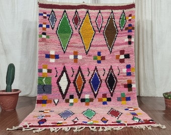 Hermosa alfombra marroquí, alfombra Azilal hecha a mano, alfombra rosa elegante, alfombra de sala de estar, alfombra lavable, alfombra de diseño moderno, alfombra geométrica grande