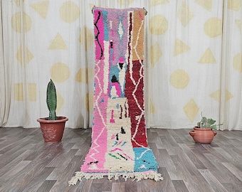 手織りモロッコ ブジャード ランナーラグ：カラフルなウールの廊下用