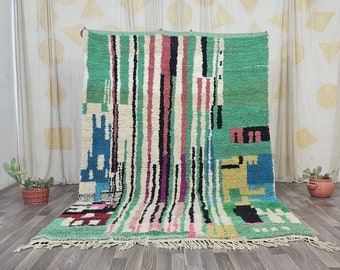 Green Beni Ourain Wool Rug, Handmade Rug, Moroccan Multicolored rug ,Abstract Green Rug,Sheep Wool Rug, Hand Woven Rug, Azilal Berber Rug