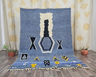 Handgemaakt Marokkaans blauw wollen vloerkleed: berber boujaadtapijt (6,5 x 10 ft)