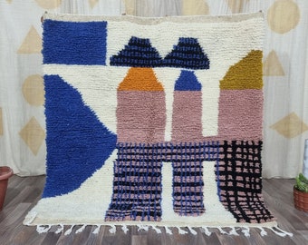 Handgeweven blauwe wollen berbervloerkleed: bohovloerkleed (5,4 x 3,7 ft)