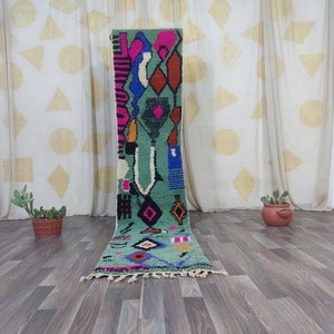 Luxurious Moroccan Runner Rug - berber Colorful Runner Rug -Authentic Moroccan green rug -Berber Runner Carpet -Authentic boujaad runner rug