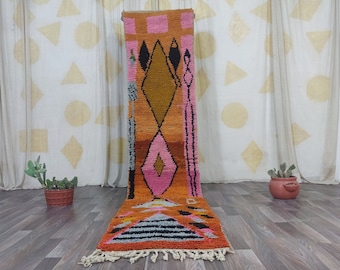 Handwoven Orange Berber Runner Rug: Authentic Moroccan Boujaad Wool Carpet