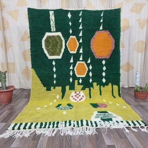 AMAZING MINIMALISTIC GREEN Rugs ,Moroccan Custom rugs ,Green wool Rug 6x9 ,Green and Yellow rug , Abstract Area Rug, Handmade Colorful Rug