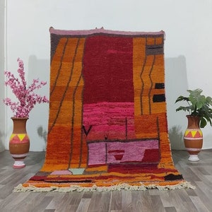 UNIQUE BENIOURAIN RUG, Orange wool carpets ,Moroccan rug Hand knotted ,Moroccan custom rug ,Multicolor Boujaad Rug ,Cozy Chic bobo aera rugs