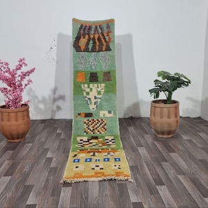 Luxurious Moroccan Runner Rug - berber Colorful Runner Rug -Authentic Moroccan green rug -Berber Runner Carpet -Authentic boujaad runner rug