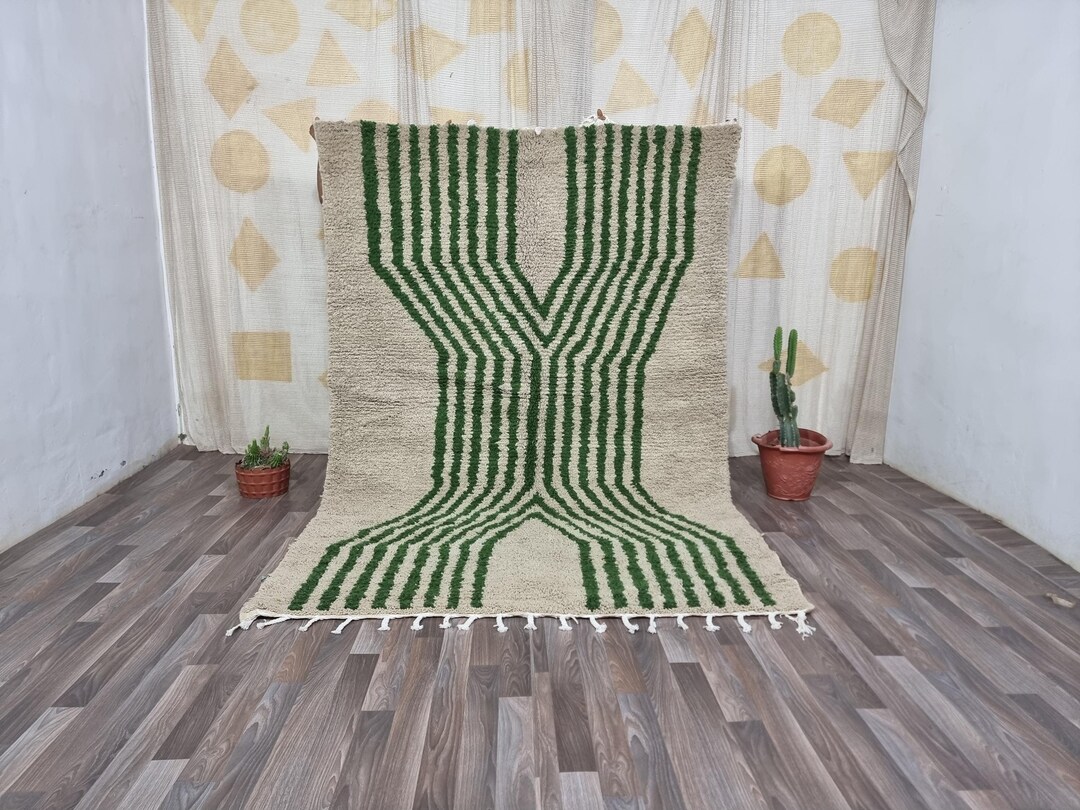 Handwoven Beni Ourain Rug: Green Geometric Moroccan Wool Carpet - Etsy