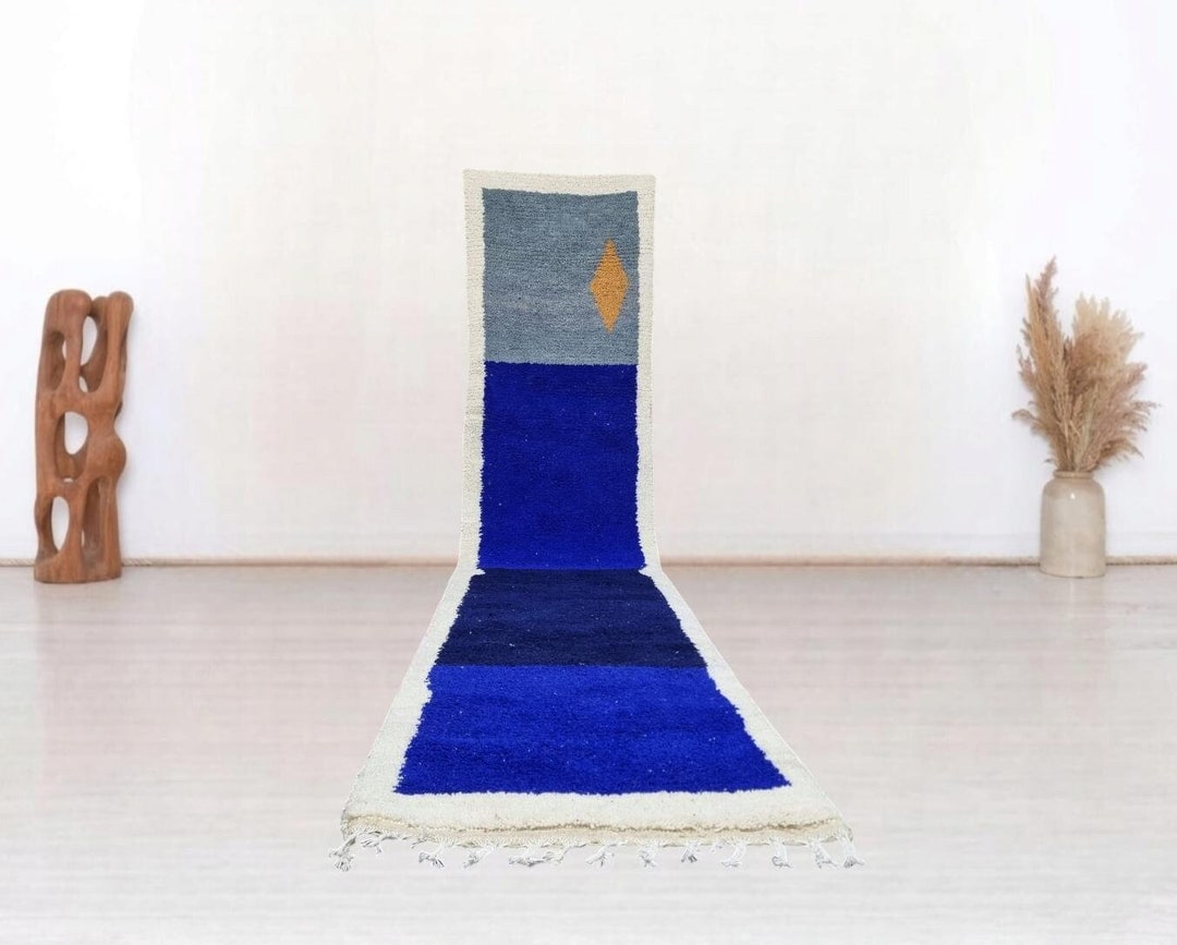 Handwoven Moroccan Runner Rug: Blue Boujaad Wool Rug - Etsy