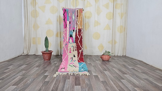 手織りモロッコ ブジャード ランナーラグ：カラフルなウールの廊下用