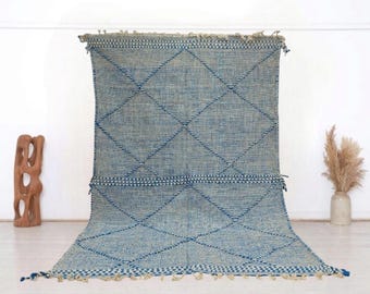 Handwoven Beni Ourain Wool Rug: Geometric Blue Berber Rug