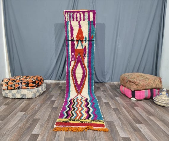 幾何学模様の多色ラグ モロッコ 手織り ランナーラグ 幾何学模様の多