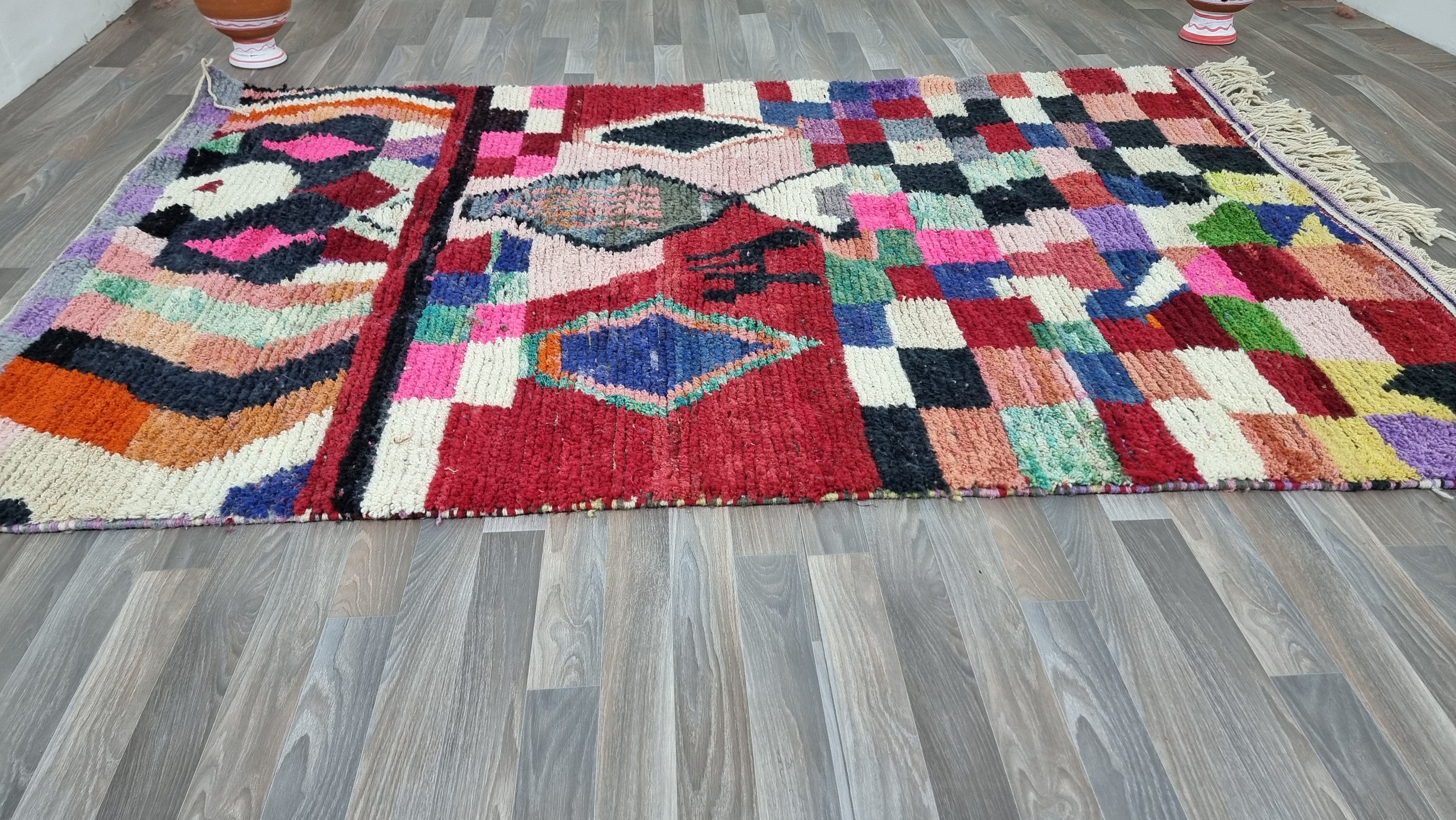 Tapis Berbère Marocain Beni Ourain – Laine – 6.5x9.5 Ft – Multicolore – Moderne