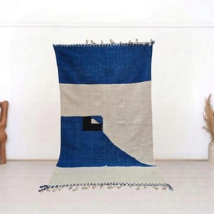 AMAZING MINIMALISTIC BLUE Rugs ,Moroccan Custom rugs ,Blue wool Rug 6x9 ,Blue and beige rug , Abstract Area Rug, Handmade Colorful Rug