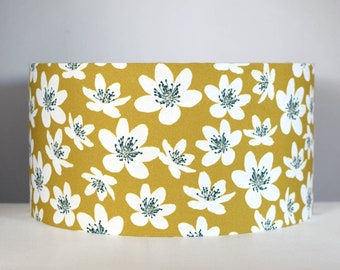 Ochre floral lampshade in Scandinavian fabric, white flower pattern for lamp or ceiling drum light shade