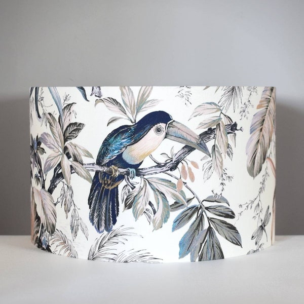 Toucan lampshade tropical Scandinavian fabric with gold silver or white lining, 30cm to 45cm diameter handmade by Vivid Shades