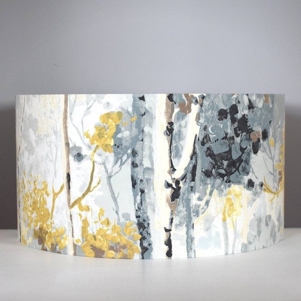 Silver birch tree lampshade in grey & yellow with gold silver or white lining option, for ceiling or lamp base in 20cm to 40cm diameters