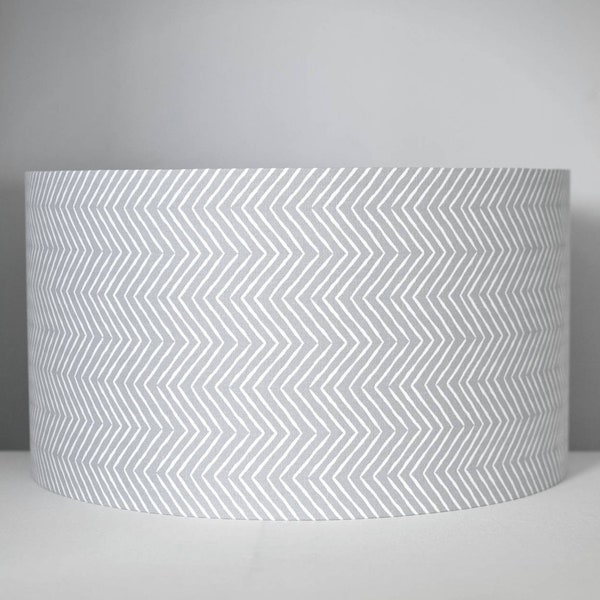 Light grey geometric lampshade handmade by vivid shades, funky fabric zig zag chevron pattern, standard or ceiling drum light shade