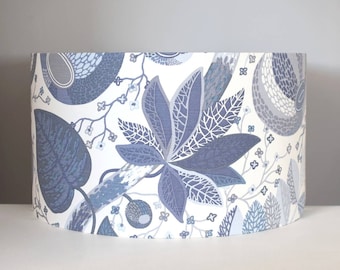 Blue leaf lampshade in tropical Scandinavian fabric, 25cm to 45cm diameter handmade by Vivid Shades