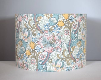 William Morris golden lily fabric lampshade with gold or silver lining option, 30cm or 35cm Ø, ceiling or lamp base handmade by vivid shades