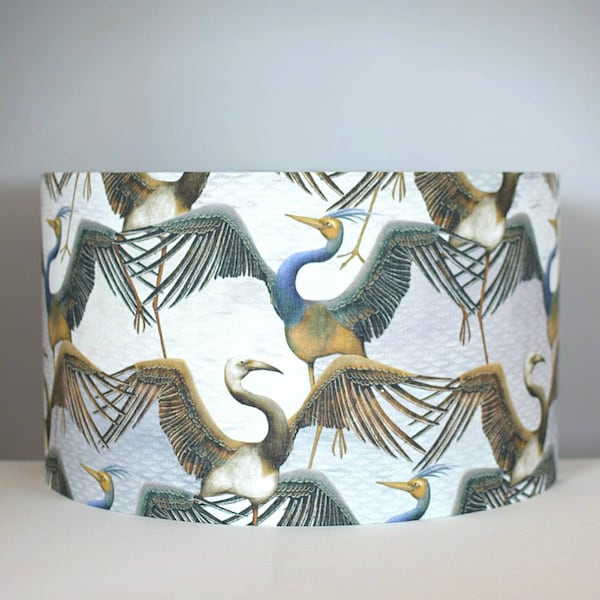 Crane lampshade Scandinavian linen fabric, gold silver & white lining option, drum shape for ceiling or lamp base, handmade by vivid shades