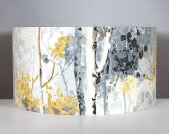 Silver birch tree lampshade in grey & yellow with gold silver or white lining option, for ceiling or lamp base in 20cm to 40cm diameters