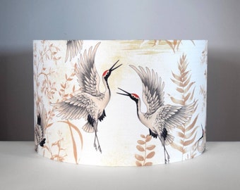 Pantalla de lámpara con diseño de pájaro y diseño de grúa con forro dorado, plateado o blanco, de 20 cm a 45 cm de diámetro, para lámpara de techo o de pie, hecha a mano por Vivid Shades.