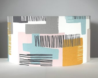 Geometric fabric lampshade, handmade by vivid shades, modern abstract shapes and lines, stylish cool and funky drum light shade