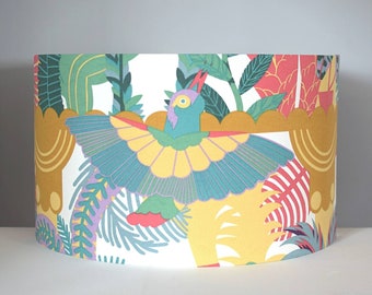 Scandinavian tropical bird lampshade handmade by vivid shades, 40cm or 45cm Ø rainforest woodland fabric drum for ceiling or lamp base