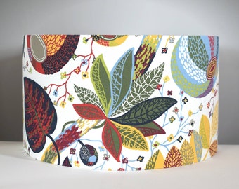 Colourful leaf lampshade tropical botanical fruits, Scandinavian fabric, 25cm to 45cm Ø for ceiling or lamp base handmade by Vivid Shades