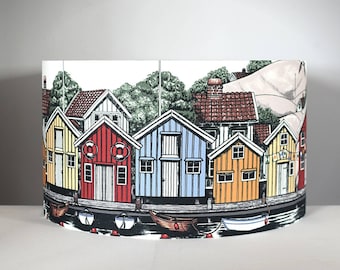 Coastal harbour lampshade Scandinavian maritime beach hut fabric handmade by vivid shades, for standard or table lamp base and ceiling