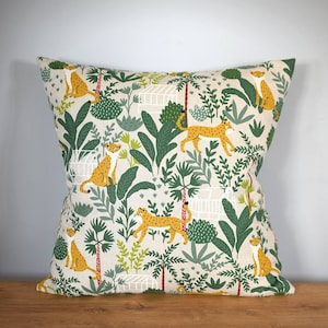 Leopard jungle cushion cover, tropical leaf and foliage pattern with zip, 40cm, 45cm or 50cm square sizes handmade by vivid shades.