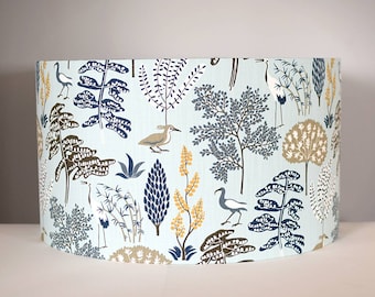 Sky blue woodland birds lampshade with gold silver or white lining option, 20cm to 45cm diameter handmade by Vivid Shades