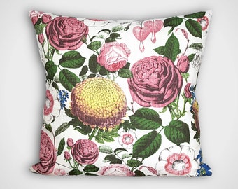 Rose garden cushion cover Scandinavian linen fabric colourful floral pattern with zip handmade by vivid shades 40cm to 50cm square sizes