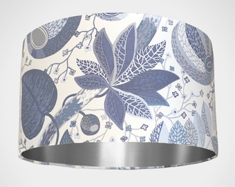 Blue and white lampshade with silver interior lining in tropical leaf Scandinavian fabric, 25cm to 45cm diameter handmade by Vivid Shades