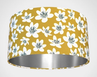 Mustard yellow floral lampshade with silver lining in Scandinavian fabric, white flower pattern for lamp or ceiling drum light shade