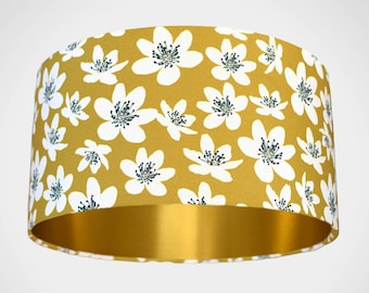 Mustard floral lampshade with gold lining in Scandinavian fabric, white flower pattern for lamp or ceiling drum light shade